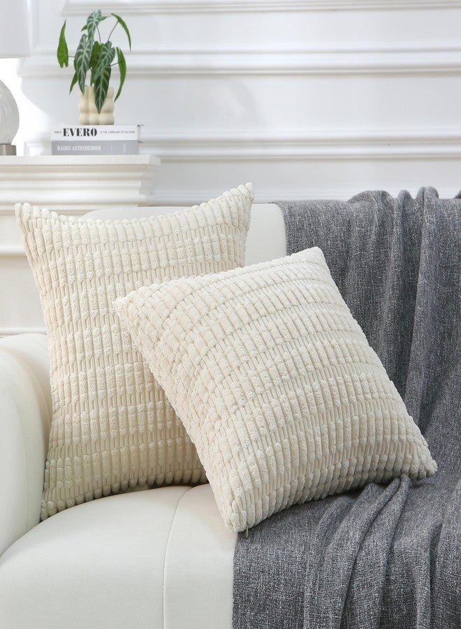 WHATWEARS 2 Pack Corduroy Decorative Throw Pillow with Inserts, 18x18 Inch Soft Boho Throw Pillow, Square Striped Throw Pillows for Couch, Bed, Sofa Decor(Beige) - Image 5