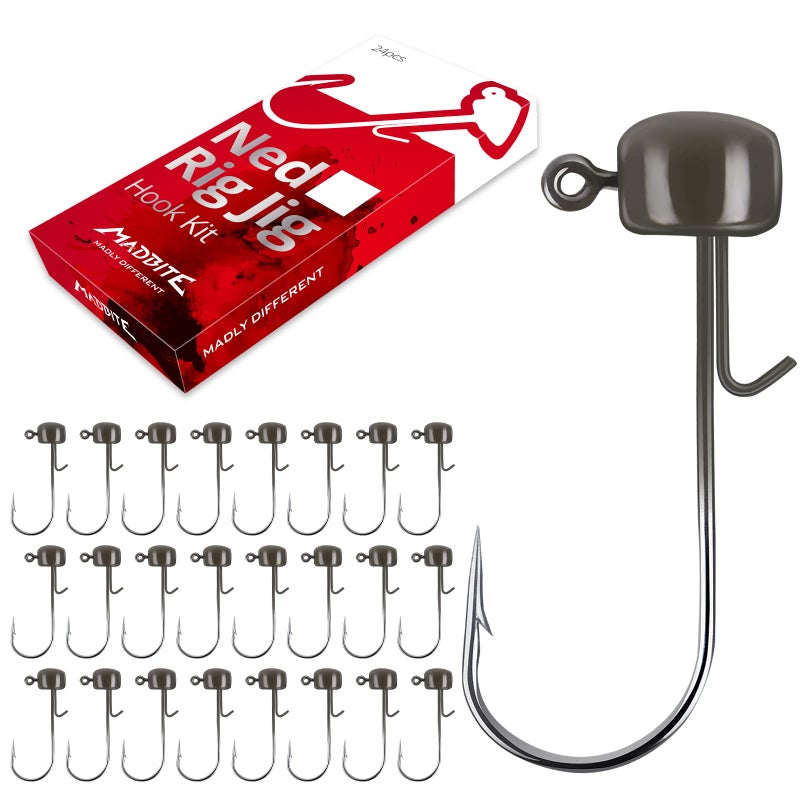 MadBite by KastKing Ned Rig Jig Heads for Soft Fishing Lures, 24-Pack Finesse Standard Mushroom Stand-up Ned Heads Kit,Needle Point Saltwater &Freshwater Versatility Ned Rig Hooks(Green Pumpkin,1/8 oz - Image 1