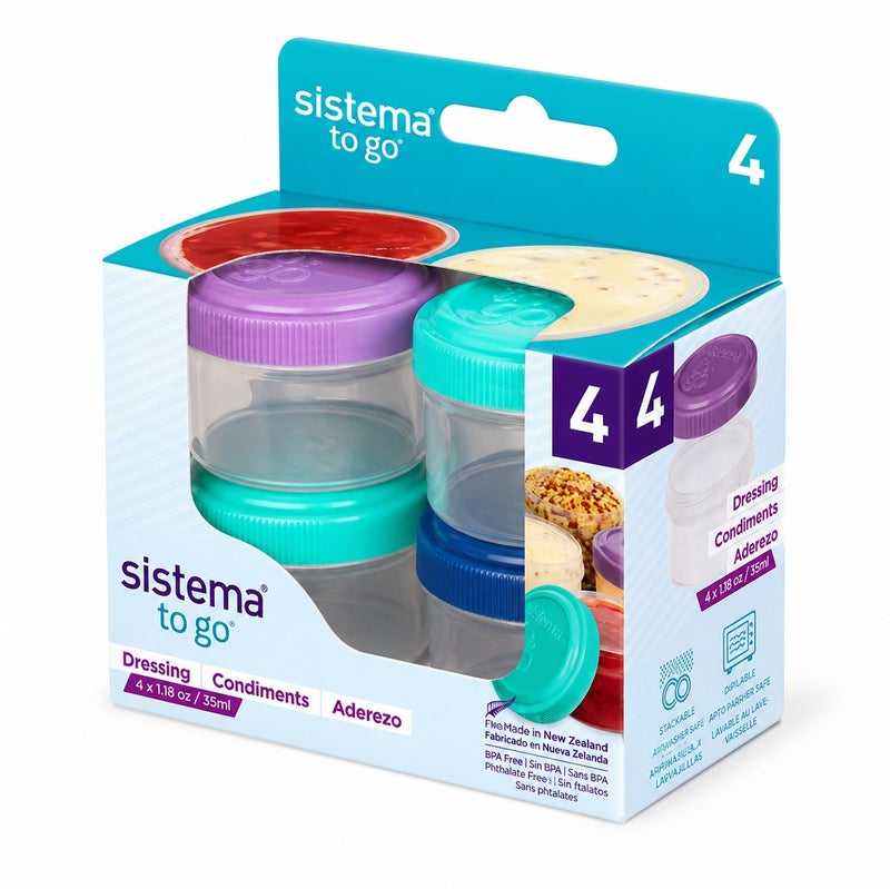 Sistema Dressing To Go 4 Pack 35ml – BPA Free Reusable Mini Dressing Containers with Leak-Resistant Screw Lids, Portion Pots for Salad Dressing, Sauces, Dips, Condiments & Meal Prep - Image 1