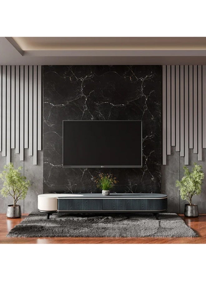 YI ONE TV Unit – Luxury TV Stand Black & White Combination with Marble Top Shade, 2 Drawers & Metal Legs, Curved Corner Design, 2000×400×400 mm - Image 1