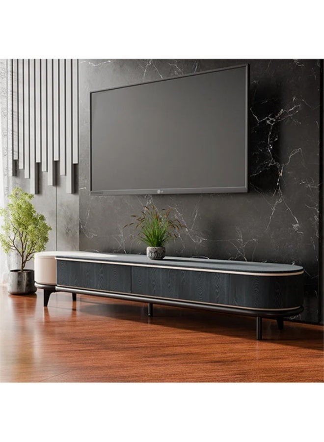 YI ONE TV Unit – Luxury TV Stand Black & White Combination with Marble Top Shade, 2 Drawers & Metal Legs, Curved Corner Design, 2000×400×400 mm - Image 3