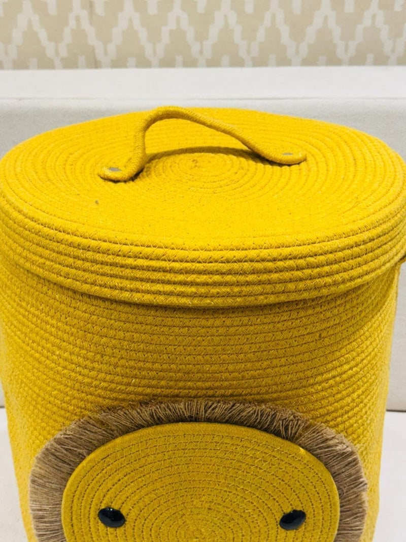 Subtlespreads Subtlespreads Woven Cotton Rope Jute Laundry Basket Storage Organizer With Lid for Home Kitchen Baby Laundry Hamper Toys Clothes Children Cartoon Organiser 14x16 35x40 cms Yellow Lion  - Image 2