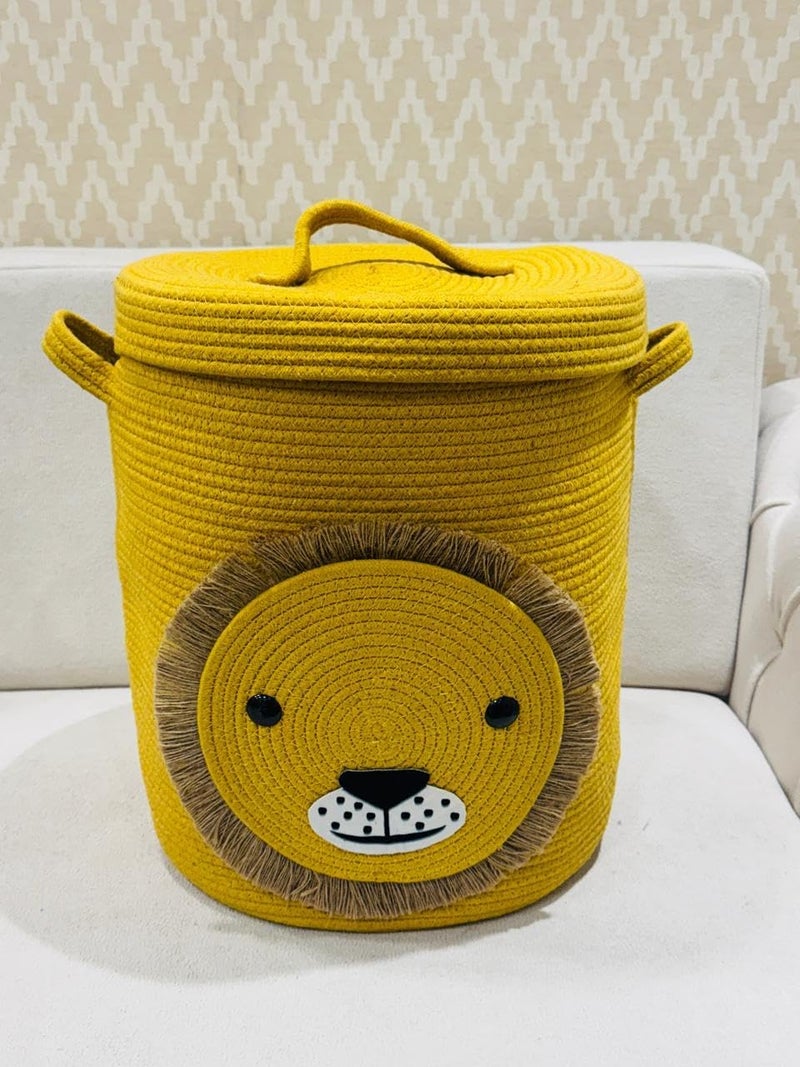 Subtlespreads Subtlespreads Woven Cotton Rope Jute Laundry Basket Storage Organizer With Lid for Home Kitchen Baby Laundry Hamper Toys Clothes Children Cartoon Organiser 14x16 35x40 cms Yellow Lion  - Image 1