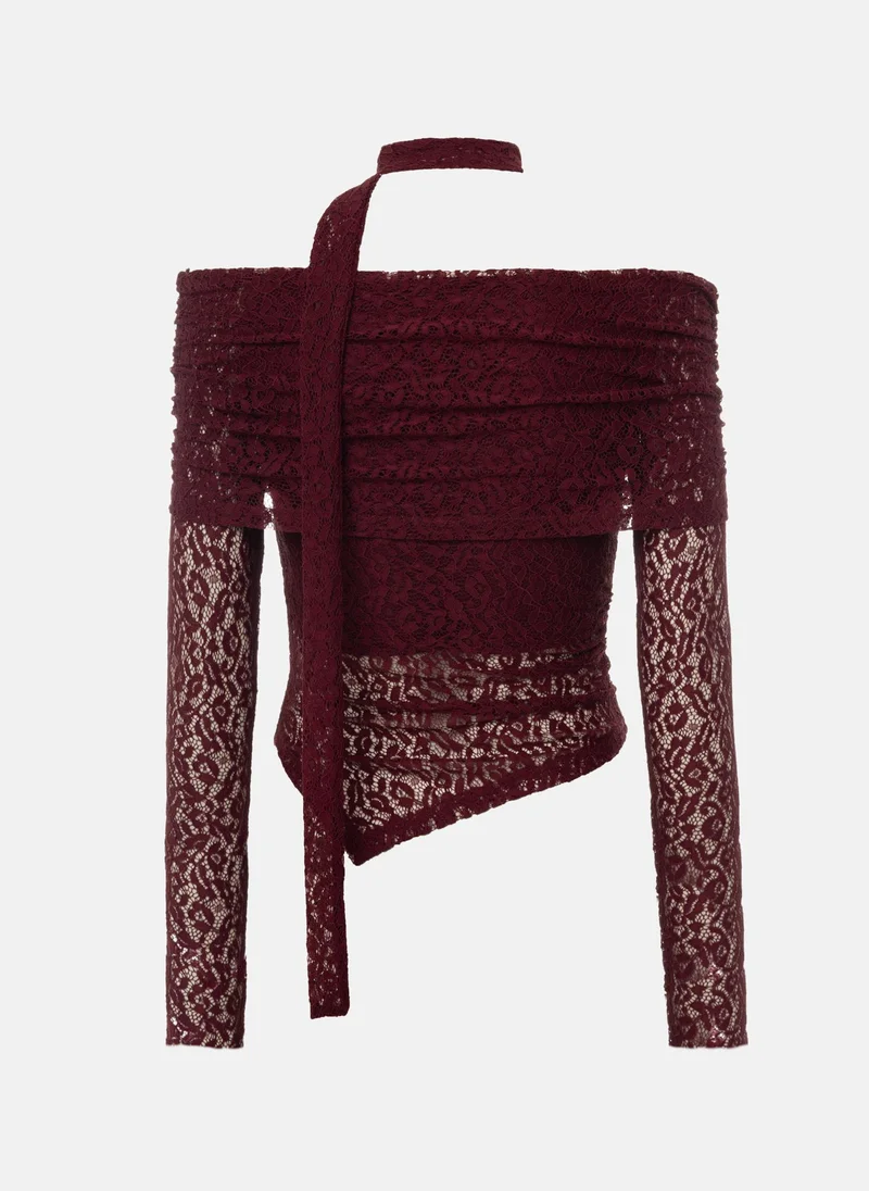 Lichi Lace top with open shoulders and neck ribbon