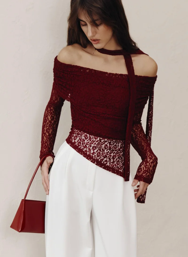 Lichi  Lace top with open shoulders and neck ribbon for Women | Best Price UAE