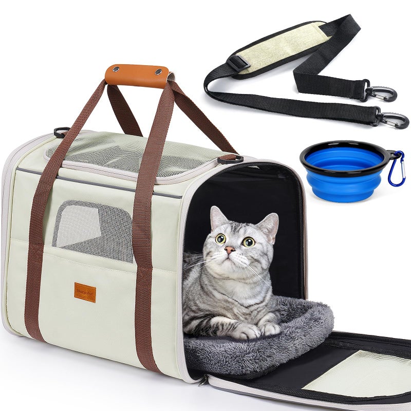Morpilot Cat Carrier - Soft Sided Cat Carrier Large for Big Medium Cats and Puppy up to 18lbs, Pet Carrier with Safety Zippers, Foldable Bowl, Airline Approved Large Dog Carrier - Beige - Image 1