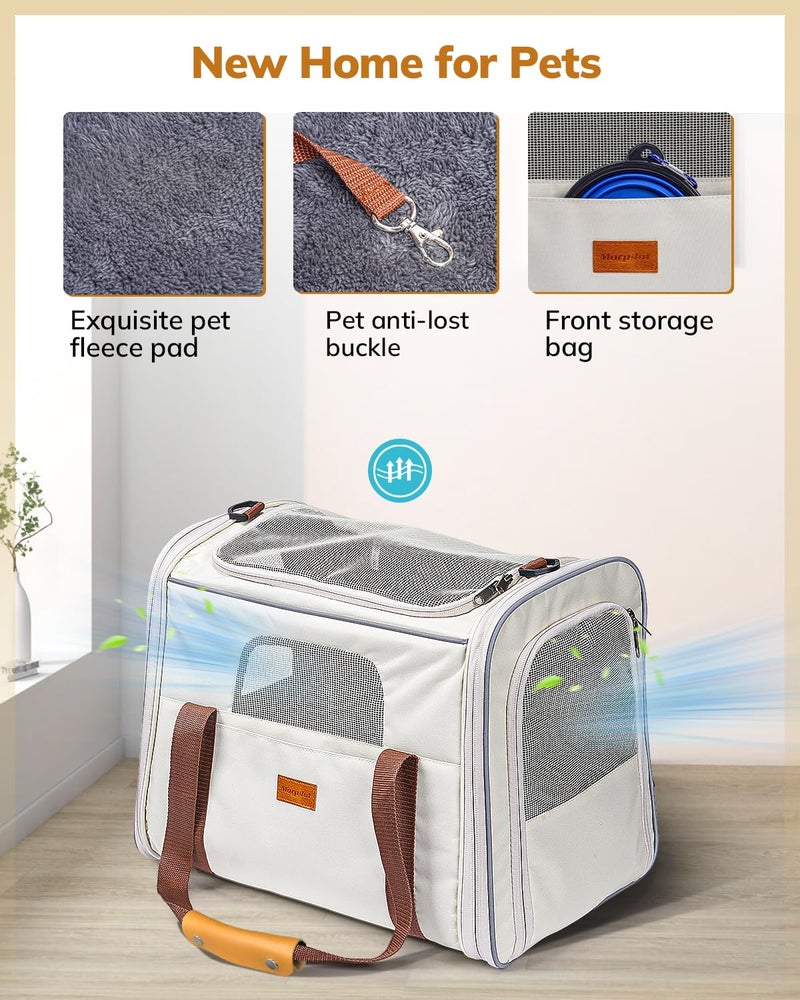 Morpilot Cat Carrier - Soft Sided Cat Carrier Large for Big Medium Cats and Puppy up to 18lbs, Pet Carrier with Safety Zippers, Foldable Bowl, Airline Approved Large Dog Carrier - Beige - Image 4