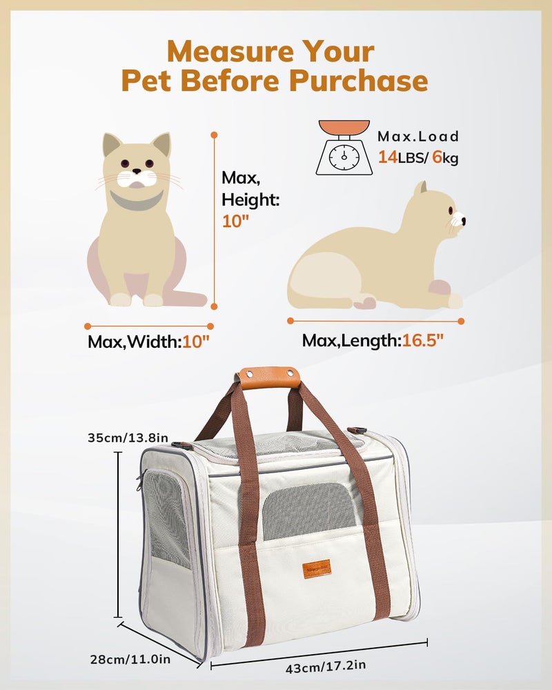 Morpilot Cat Carrier - Soft Sided Cat Carrier Large for Big Medium Cats and Puppy up to 18lbs, Pet Carrier with Safety Zippers, Foldable Bowl, Airline Approved Large Dog Carrier - Beige - Image 5