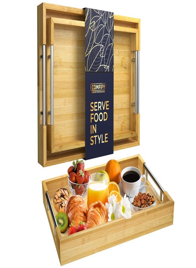 كومفيفي صواني تقديم مزخرفة من الخيزران بمقابض من الفولاذ المقاوم للصدأ الفضي - طقم من قطعتين لطاولة القهوة، أو العثمانية، أو إفطار السرير، أو تنظيم المجوهرات والديكور - 12 بوصة × 17 بوصة - تشطيب خيزران نقي - Image 1