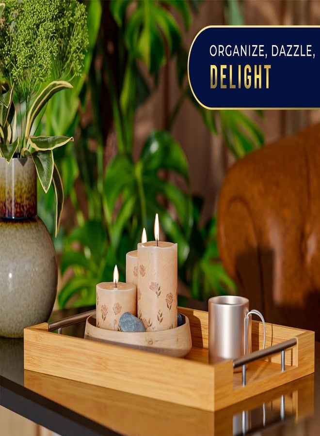 كومفيفي صواني تقديم مزخرفة من الخيزران بمقابض من الفولاذ المقاوم للصدأ الفضي - طقم من قطعتين لطاولة القهوة، أو العثمانية، أو إفطار السرير، أو تنظيم المجوهرات والديكور - 12 بوصة × 17 بوصة - تشطيب خيزران نقي - Image 4