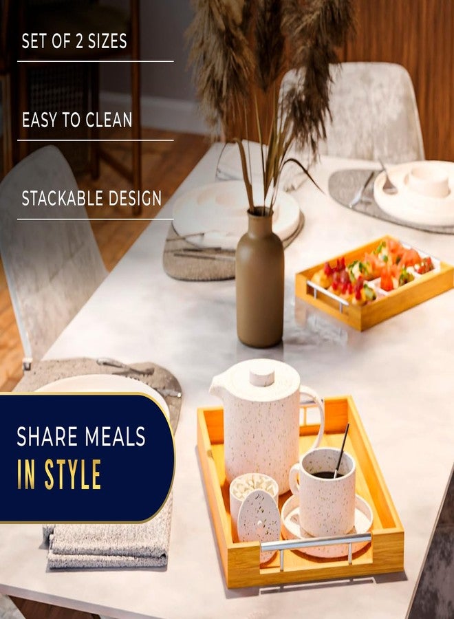 كومفيفي صواني تقديم مزخرفة من الخيزران بمقابض من الفولاذ المقاوم للصدأ الفضي - طقم من قطعتين لطاولة القهوة، أو العثمانية، أو إفطار السرير، أو تنظيم المجوهرات والديكور - 12 بوصة × 17 بوصة - تشطيب خيزران نقي - Image 5