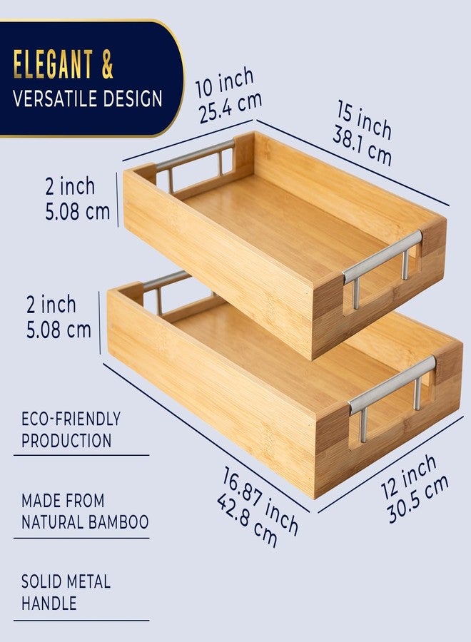 كومفيفي صواني تقديم مزخرفة من الخيزران بمقابض من الفولاذ المقاوم للصدأ الفضي - طقم من قطعتين لطاولة القهوة، أو العثمانية، أو إفطار السرير، أو تنظيم المجوهرات والديكور - 12 بوصة × 17 بوصة - تشطيب خيزران نقي - Image 3