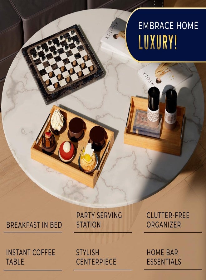 كومفيفي صواني تقديم مزخرفة من الخيزران بمقابض من الفولاذ المقاوم للصدأ الفضي - طقم من قطعتين لطاولة القهوة، أو العثمانية، أو إفطار السرير، أو تنظيم المجوهرات والديكور - 12 بوصة × 17 بوصة - تشطيب خيزران نقي - Image 2