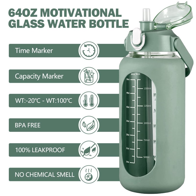 kytffu 64oz Glass Water Bottles with Straw, Half Gallon Motivational Glass Bottle with Silicone Sleeve and Time Marker, 2L Leakproof Large Glass Water Jug for Gym Home Office,olive - Image 2