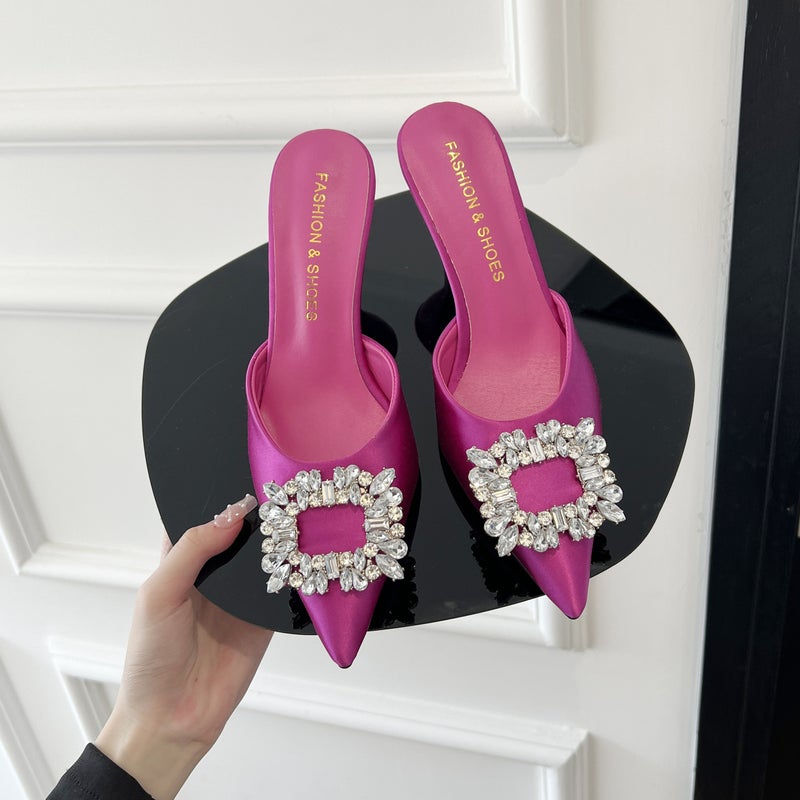 French-Style Rhinestone Mules For Women, Summer 2024, Thin Heel, Slip-On Sandals, High-Heeled Socialite Shoes, Pointed Toe - Image 1