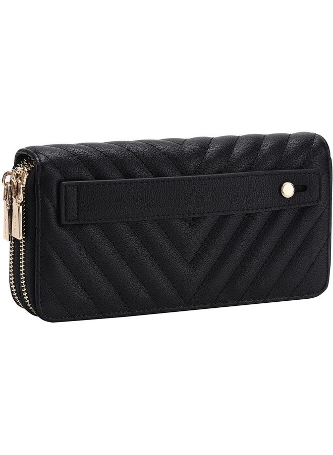 B BRENTANO Vegan Leather Double Zipper Pocket Wallet With Grip Hand Strap (Chevron Embroidered Black) - Image 2