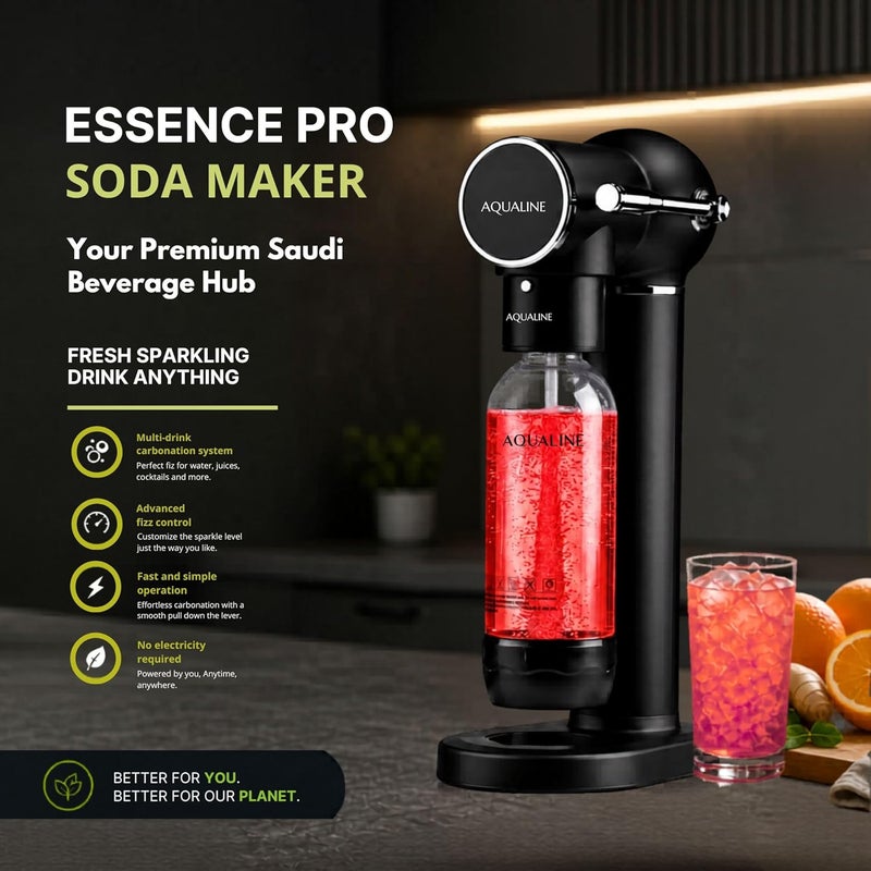 Aqualine Essence Pro Sparkling Water Maker, Standard Kit | Home Soda Maker, Sparkles Any Drink | Fizz Infuser | BPA-Free 1L Bottle | Proudly Saudi | CO2 Not Included | Black - Image 2