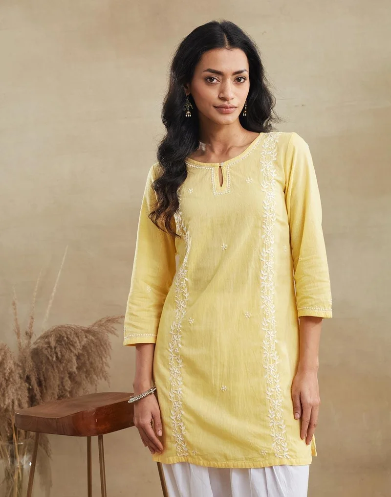 فاب انديا Yellow Cotton Chikankari Short Kurta