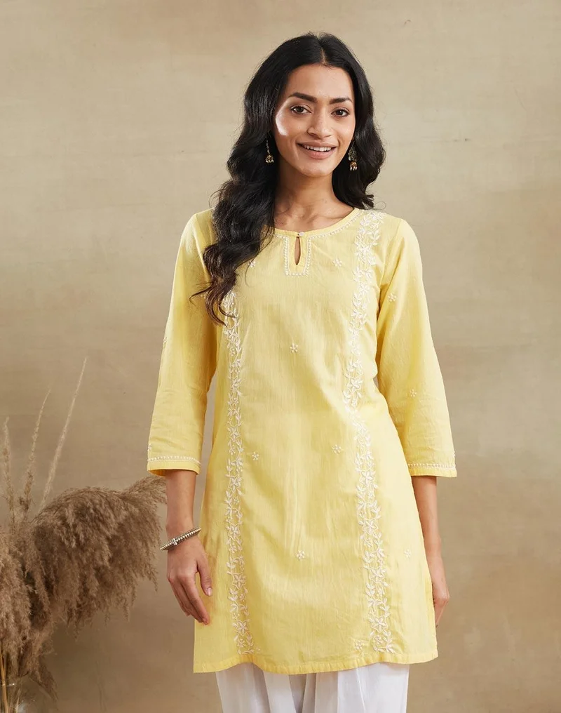 فاب انديا Yellow Cotton Chikankari Short Kurta