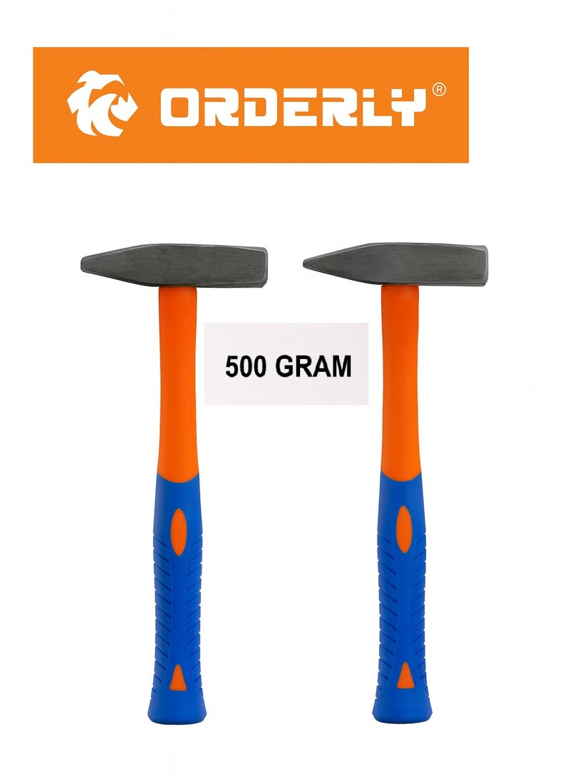 ORDERLY 2-Piece ORDERLY Machinist’s Hammer Set — 500 g Each, overall length 33 cm, hardened steel head 12 × 3 cm, rubberized non-slip composite handle – Blue/Orange - Image 1