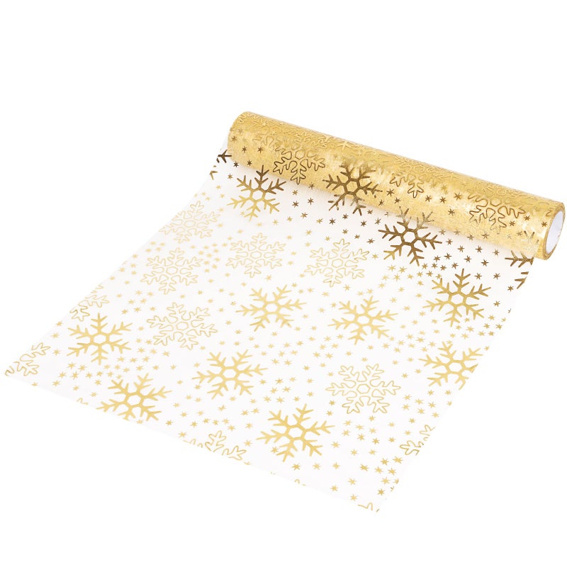 DERAYEE 10 Yards Christmas Table Runner Gold Snowflakes Organza Tulle Roll Glitter Foil Table Cloth for Chrismas Table Decorations DIY Crafts Xmas Party Decor Gift Wrapping