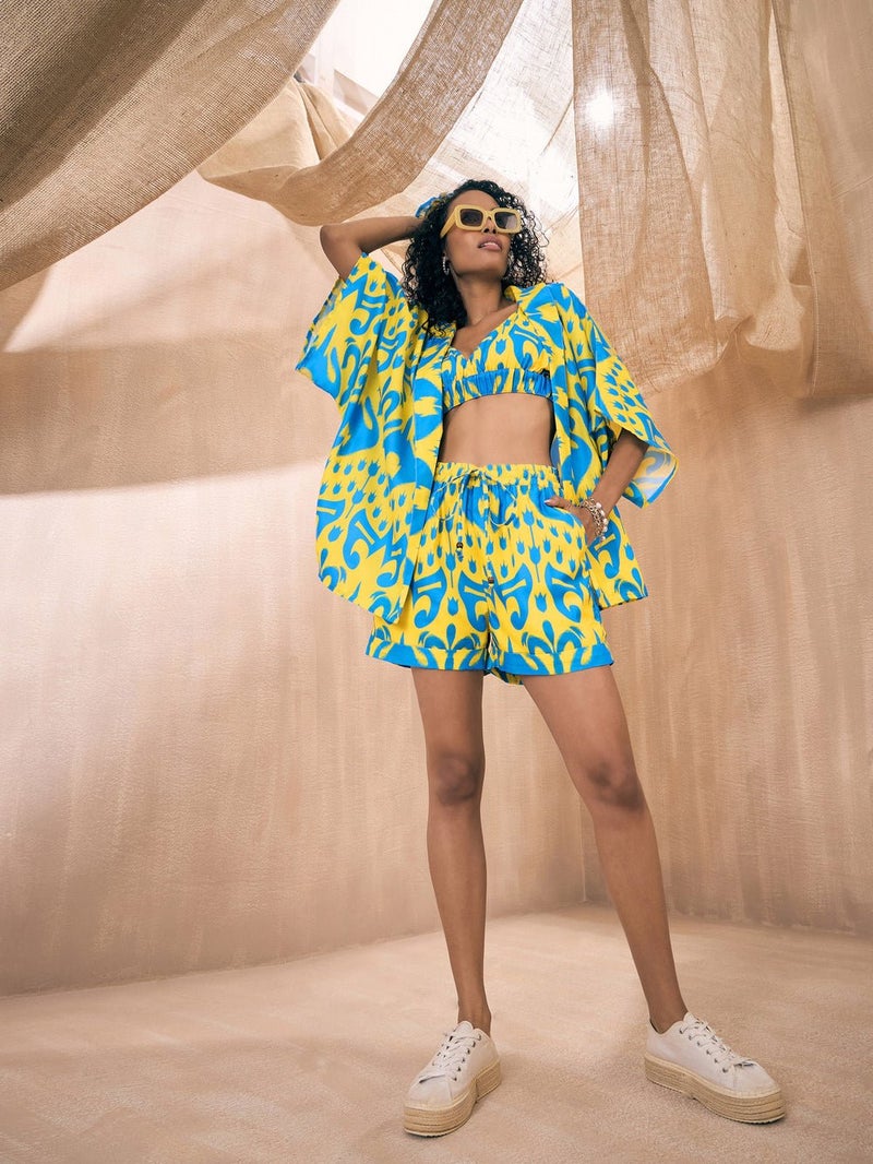 PRASHA Women Yellow & Blue Ikat Shorts with Bustier and Shrug - Image 1