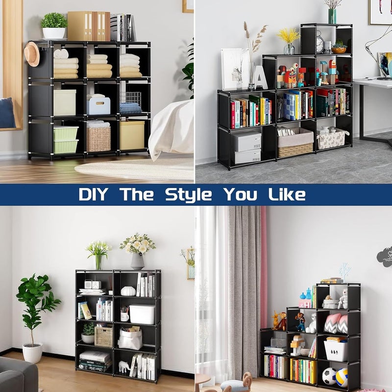 رف كتب، منظم تخزين 9 مكعبات، خزانة كتب DIY، رف كتب معدني، رف كتب طويل لغرفة النوم، غرفة المعيشة، المكتب، الخزانة، رف حجيرات أسود - Image 2