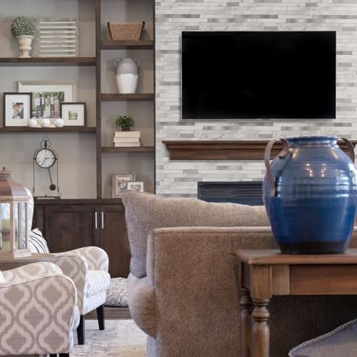 KASARO 10-Sheet Peel and Stick Backsplash Tiles for Kitchen, Marble White with Vintage Silver Embellished Stripes, Self-Adhesive Wall Tile Stick on Bathroom, Fireplace, RV - Image 5