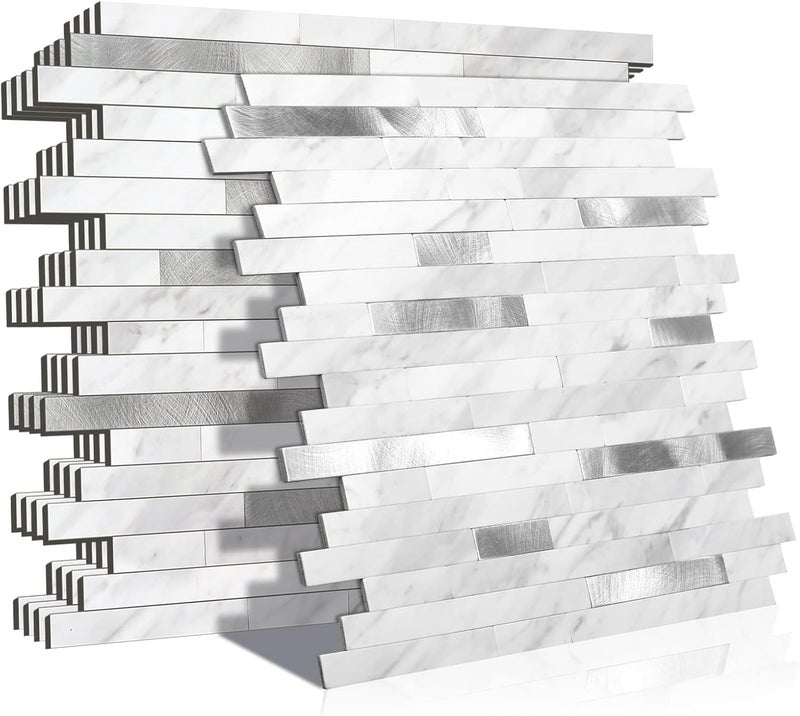 KASARO 10-Sheet Peel and Stick Backsplash Tiles for Kitchen, Marble White with Vintage Silver Embellished Stripes, Self-Adhesive Wall Tile Stick on Bathroom, Fireplace, RV - Image 1