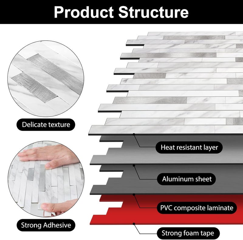 KASARO 10-Sheet Peel and Stick Backsplash Tiles for Kitchen, Marble White with Vintage Silver Embellished Stripes, Self-Adhesive Wall Tile Stick on Bathroom, Fireplace, RV - Image 4