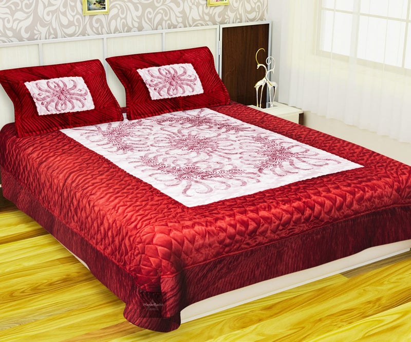 ManavRachit Satin Gold Printed 310 TC Wedding Bedding Set (Bedsheet with 2 Pillow Covers) for Home & Living Room(Set of 3pc, VIP Print) (Red) - Image 1
