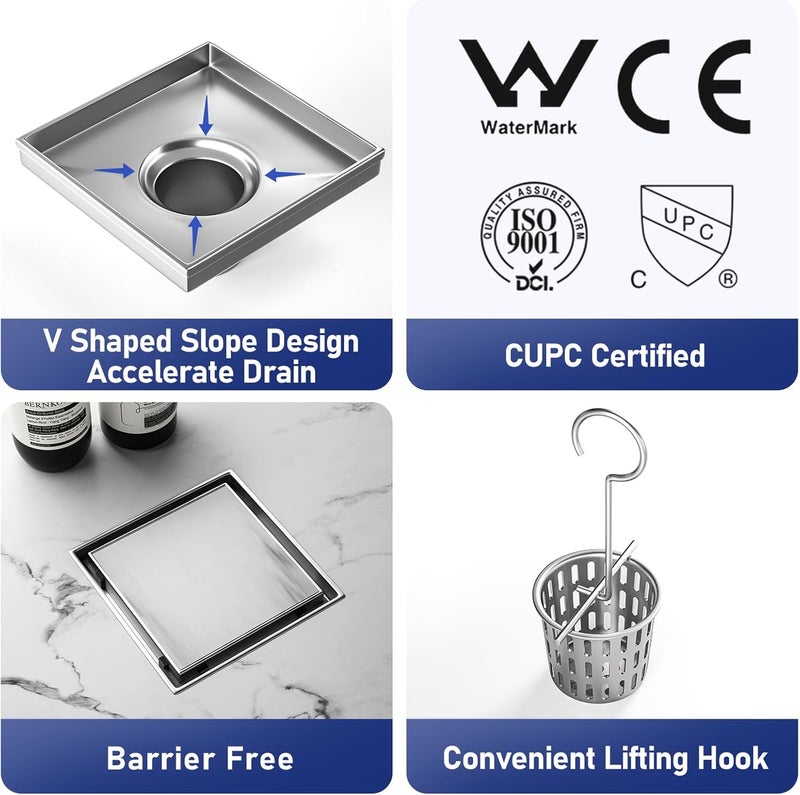 Bernkot Square Shower Drain 6", Brushed Floor Drain with Tiled Insert Grate & Hair Strainer, 304 Stainless Steel Bathroom 2-in-1 Tiled in Drain, CUPC Certified (Brushed, 6'') - Image 2