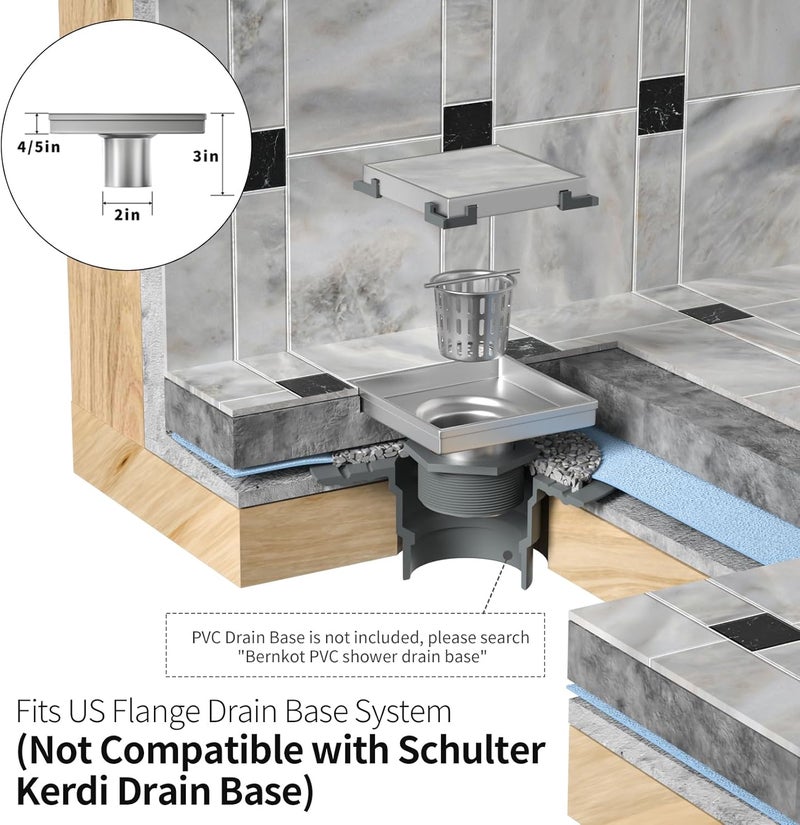 Bernkot Square Shower Drain 6", Brushed Floor Drain with Tiled Insert Grate & Hair Strainer, 304 Stainless Steel Bathroom 2-in-1 Tiled in Drain, CUPC Certified (Brushed, 6'') - Image 5
