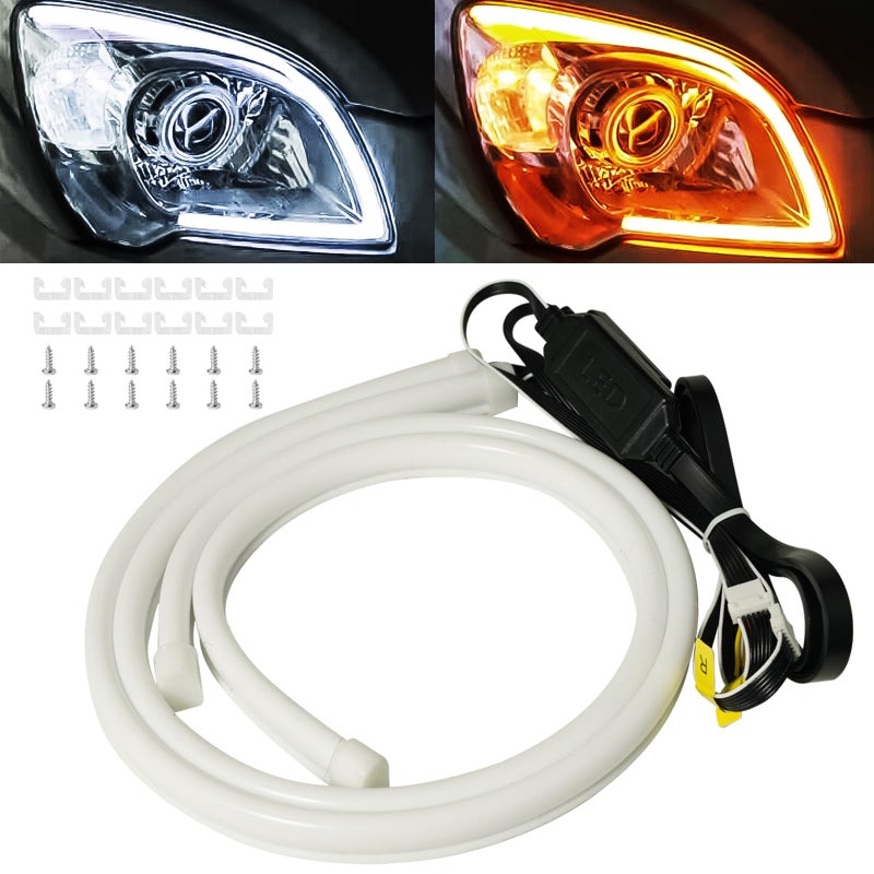 Qasim Led Sequential Turn Signal Strip, 18inch LED Headlamp Strip Daytime Running Light 12V LED Tube Car Interior/Exterior Decoration White/Amber-1Pair - Image 1