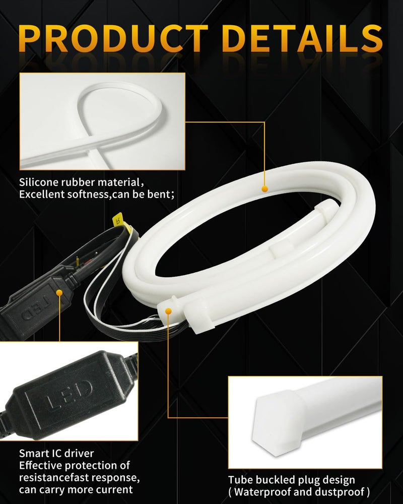 Qasim Led Sequential Turn Signal Strip, 18inch LED Headlamp Strip Daytime Running Light 12V LED Tube Car Interior/Exterior Decoration White/Amber-1Pair - Image 4
