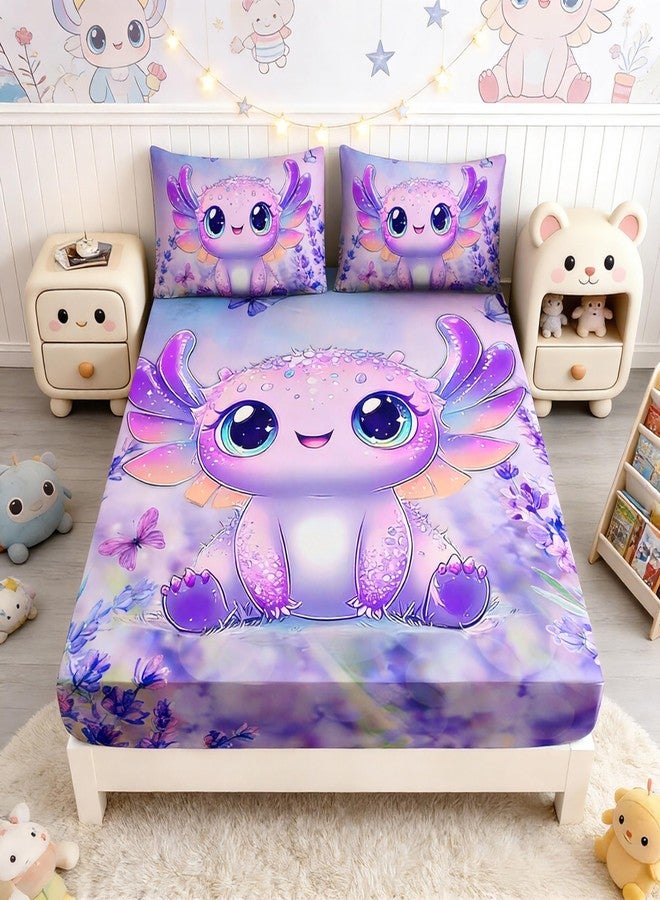 UEVBF Cute Axolotl Bed Fitted Sheet Sets Twin Size,Blooming Lavender Butterfly Bedding Set for Kids Girls Room Decor,Ocean Animal Themed Toddler Bedding Sets,1 Fitted Sheet+2 Pillowcases. - Image 1