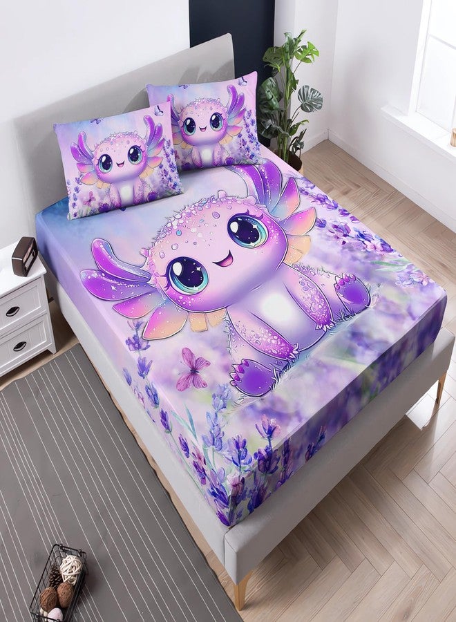 UEVBF Cute Axolotl Bed Fitted Sheet Sets Twin Size,Blooming Lavender Butterfly Bedding Set for Kids Girls Room Decor,Ocean Animal Themed Toddler Bedding Sets,1 Fitted Sheet+2 Pillowcases. - Image 3