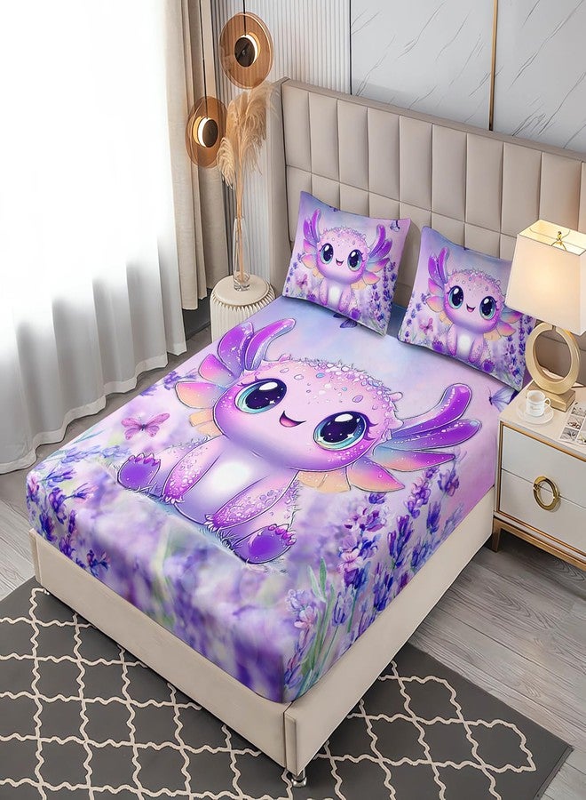 UEVBF Cute Axolotl Bed Fitted Sheet Sets Twin Size,Blooming Lavender Butterfly Bedding Set for Kids Girls Room Decor,Ocean Animal Themed Toddler Bedding Sets,1 Fitted Sheet+2 Pillowcases. - Image 2