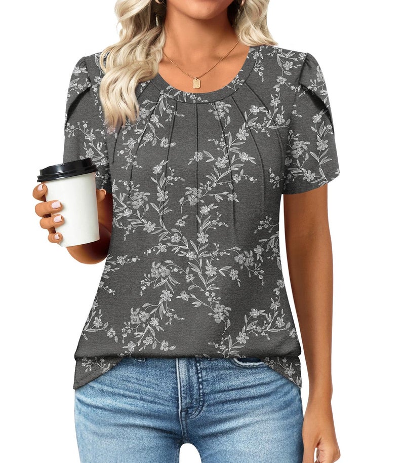 Anyhold Womens Tops Dressy Casual Summer Short Sleeve Blouse Dress Shirt Large, White Carvings - Image 1