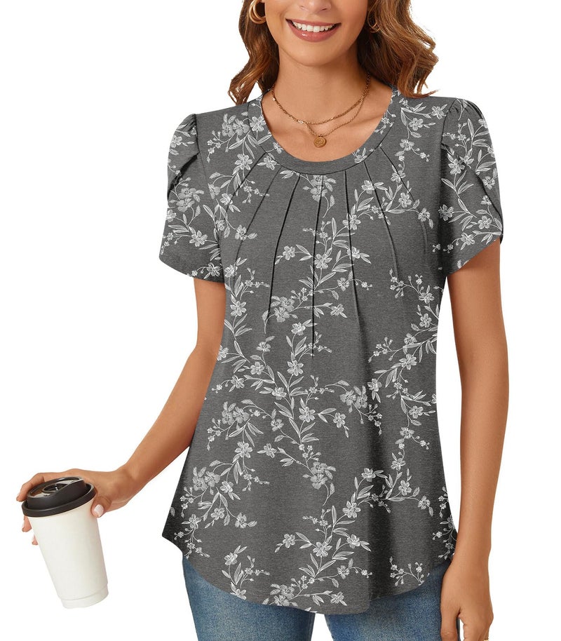 Anyhold Womens Tops Dressy Casual Summer Short Sleeve Blouse Dress Shirt Large, White Carvings - Image 2