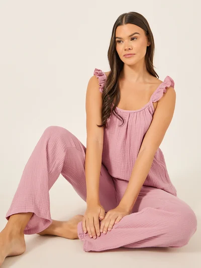 Styli Unwind Cotton Gauze Ruffle Cami and Pyjama Set