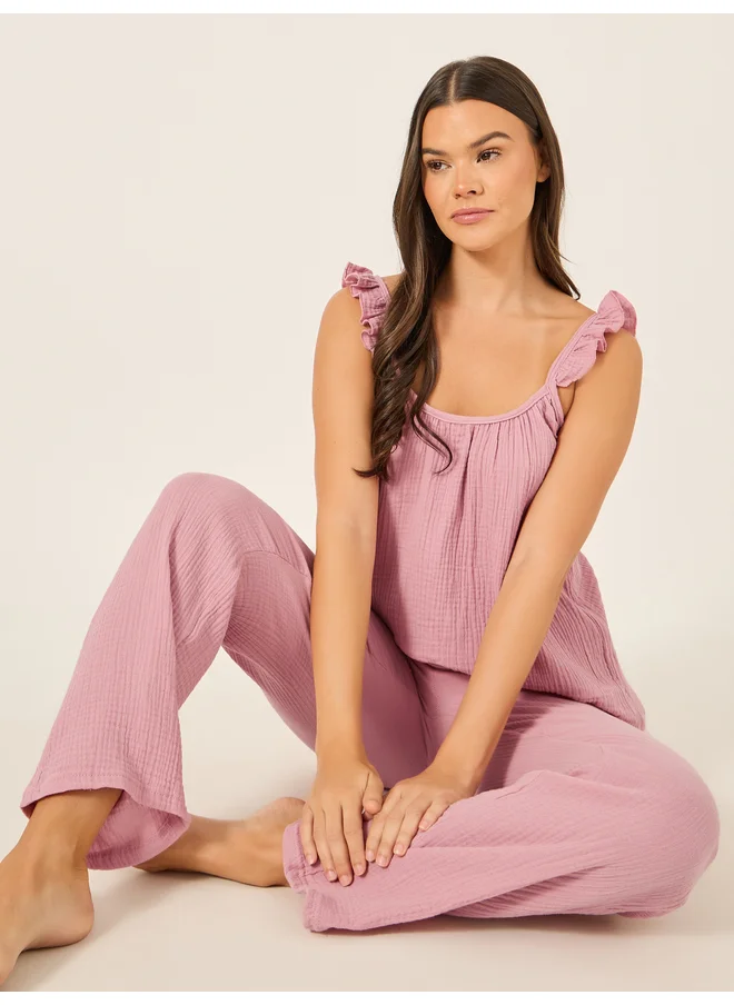 ستايلي Styli Unwind Cotton Gauze Ruffle Cami and Pyjama Set