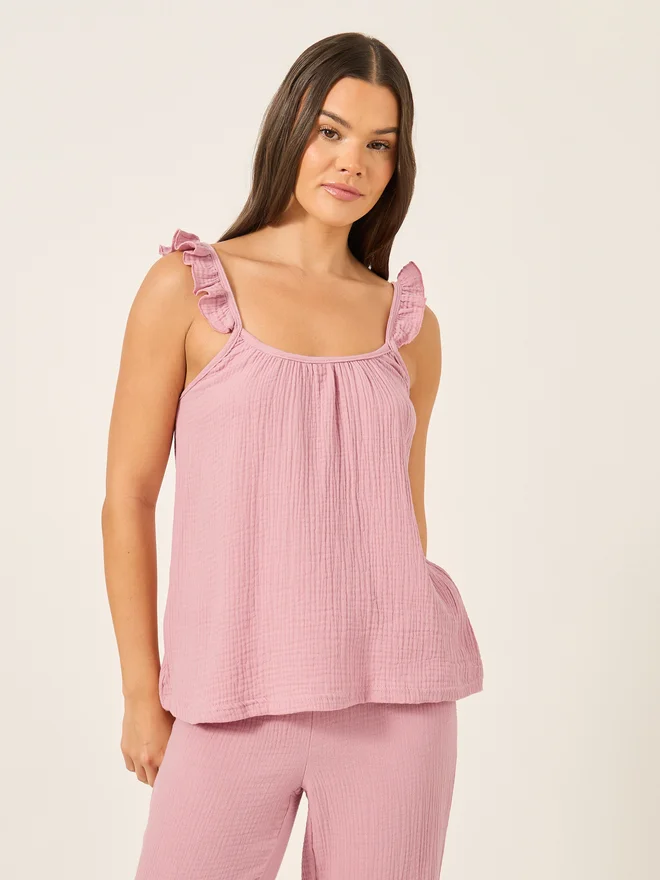 Styli Styli Unwind Cotton Gauze Ruffle Cami and Pyjama Set