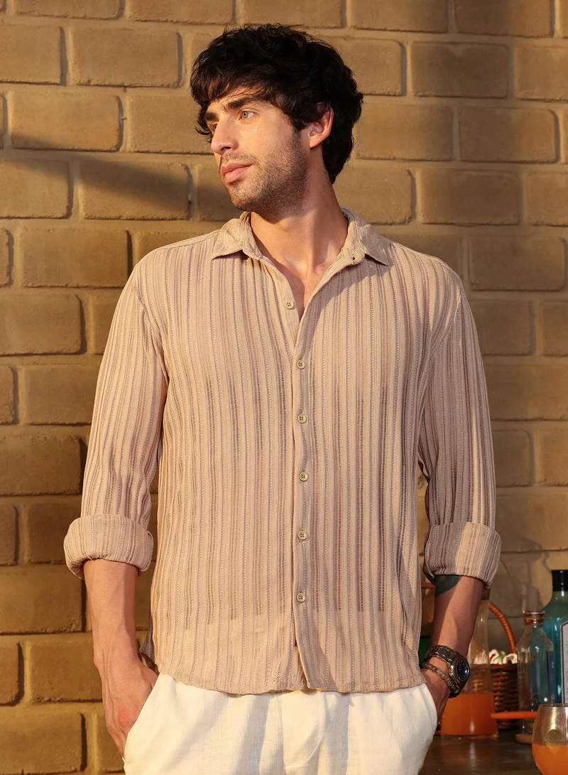 Campus Sutra Men Panel Jacquard-Knit Shirt | Spread Collar, Long Button-Cuff Sleeves | Button , Curved Hem | Solid Jacquard | Knitted Fabric For Casual & Daily Wear | Cream White