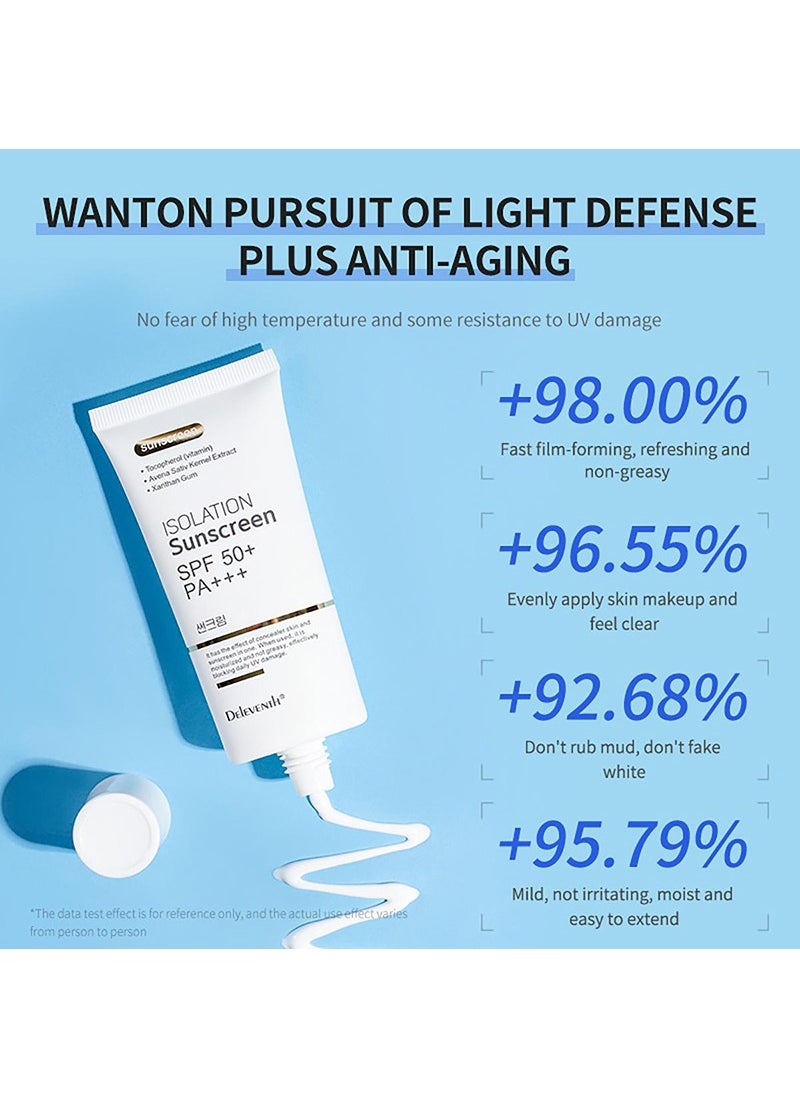 DEleventh Korean Brand SPF 50+ PA+++ Sunscreen Cream 50g / Aqueous and Non-Greasy, Effectively Blocks Daily UV Damage and Protects Facial Skin, Neck & Arms