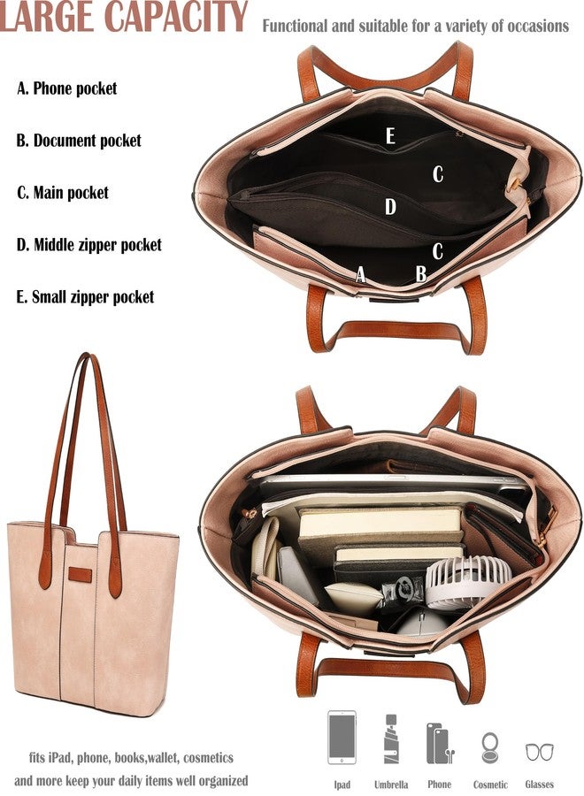 ToLFE Tote Bags for Women Purses and Handbags Top Handle Satchel PU Leather Shoulder Hobo Bags (Light Pink/Brown) - Image 4