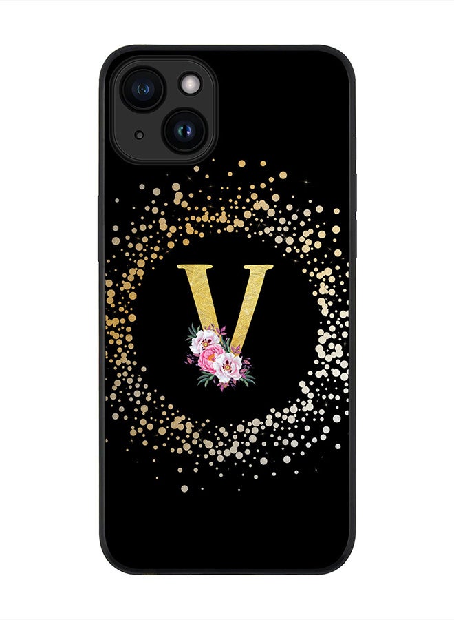 Stylizedd Cover for iPhone 15 Case , Rugged Black Slim fit Thin Protective Phone Cases - Custom Monogram Initial Letter Floral Pattern Alphabet - V (Black) - Image 1