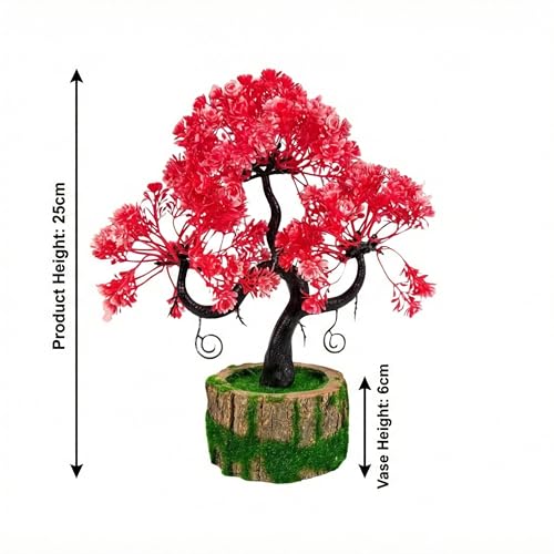 Dekorly Artificial Plants with Green Wooden Pot Fake Bonsai Plants Greenery Desktop Display Simulation,Office,Home Office Bedroom Living Room Tabletop Bathroom Decor | Height : 25CM (Red) - Image 3