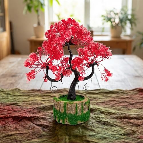 Dekorly Artificial Plants with Green Wooden Pot Fake Bonsai Plants Greenery Desktop Display Simulation,Office,Home Office Bedroom Living Room Tabletop Bathroom Decor | Height : 25CM (Red) - Image 5