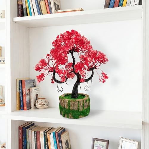 Dekorly Artificial Plants with Green Wooden Pot Fake Bonsai Plants Greenery Desktop Display Simulation,Office,Home Office Bedroom Living Room Tabletop Bathroom Decor | Height : 25CM (Red) - Image 2
